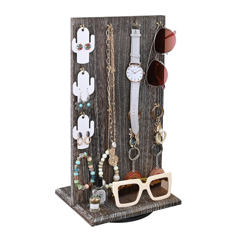 Ikee Design Wooden Rotating Two-Sided Jewelry Display Stand, Rotating Organizer with 32 Hooks for Store, Keychain Earring Display with Hooks, Coffee color, 9 W x 7.5 D x 16.5 H in - Image 3